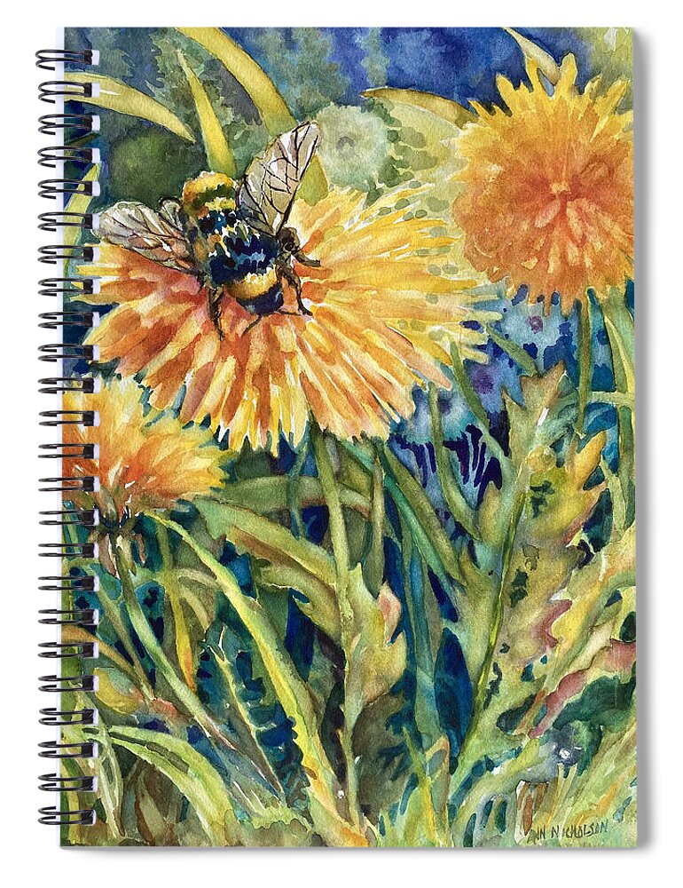  Spiral Notebook featuring the painting Honey Bee and Dandelion by Ann Nicholson