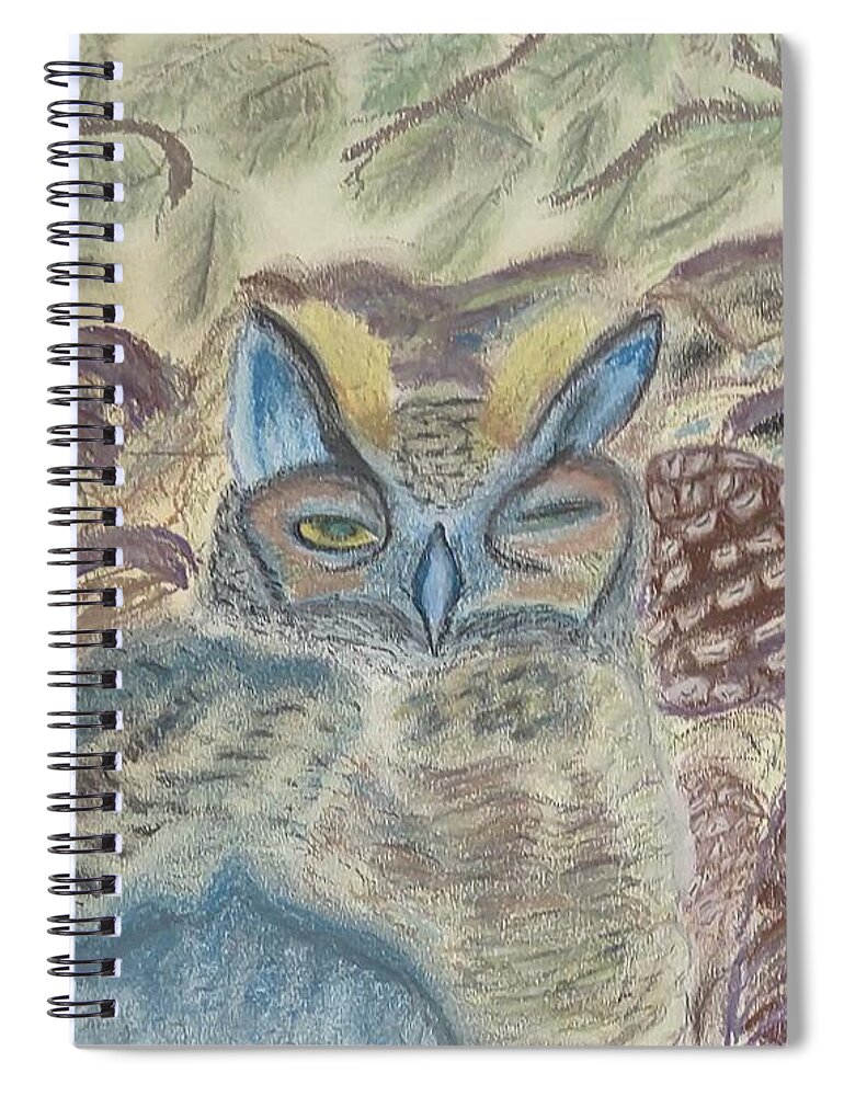 Horned Owl Spiral Notebook featuring the pastel Horned Owl Nesting by Suzanne Berthier
