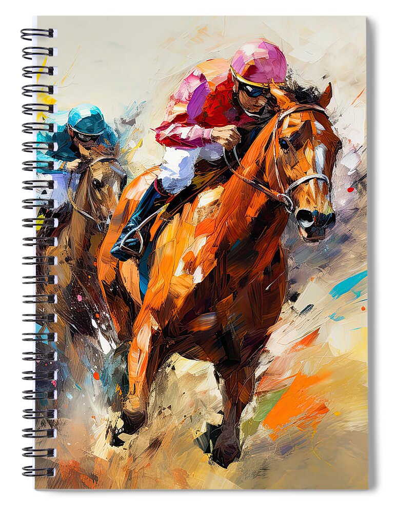 Horse Racing Spiral Notebook featuring the digital art Horse Racing III - Colorful Horse Racing Artwork by Lourry Legarde
