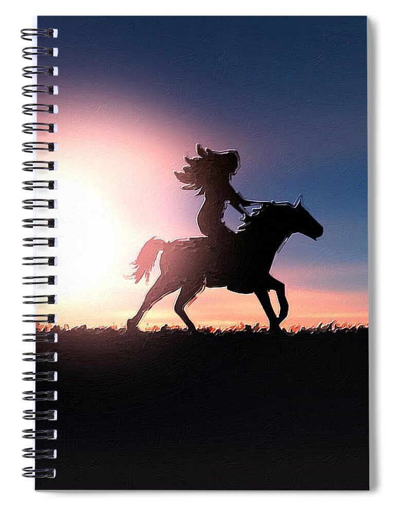 Horse Spiral Notebook featuring the painting Horse Rider Sunset The West by Tony Rubino