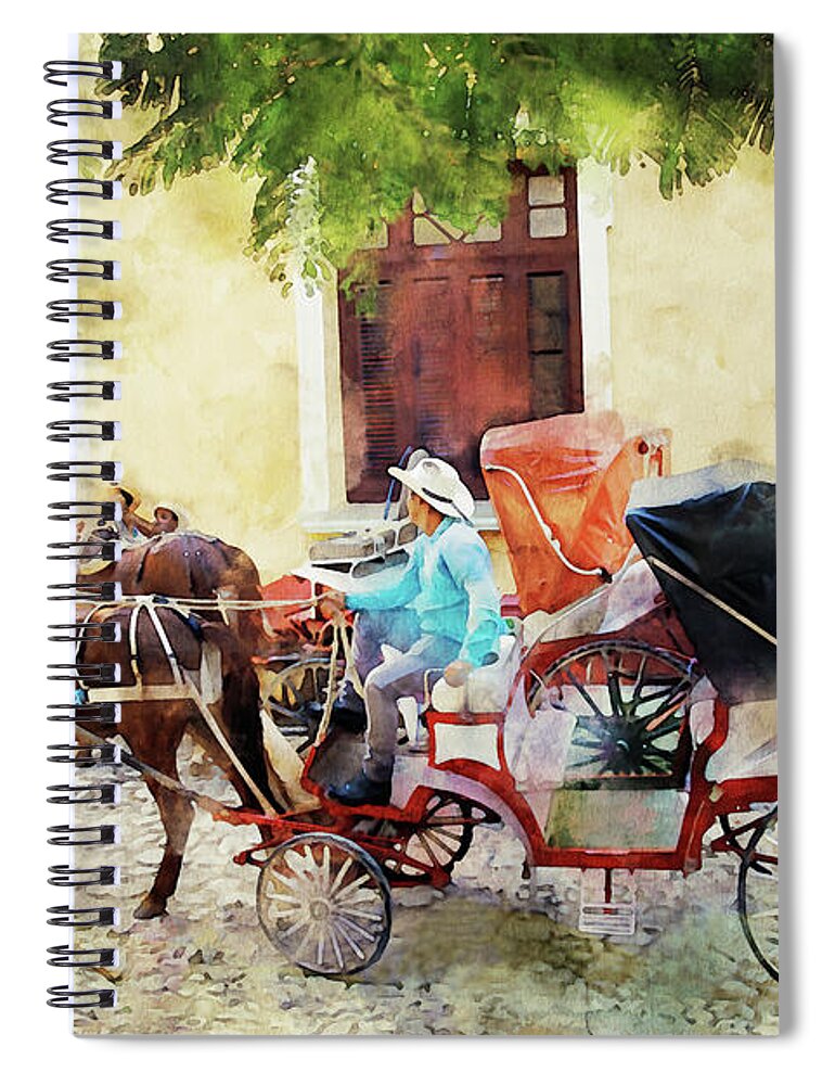 Horse And Carriage Spiral Notebook featuring the mixed media Horse and Carriage Ride - Cuba Town Square by Peggy Collins