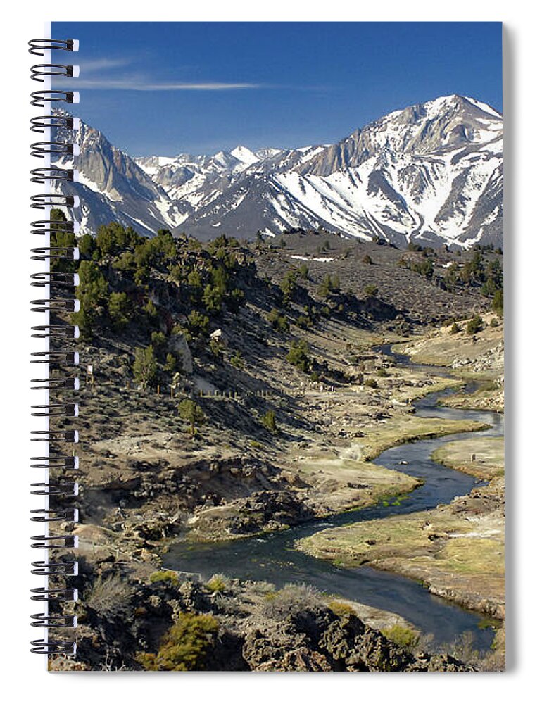 Hot Creek Spiral Notebook featuring the photograph Hot Creek and Snow Peaked Sherwin Range by Bonnie Colgan