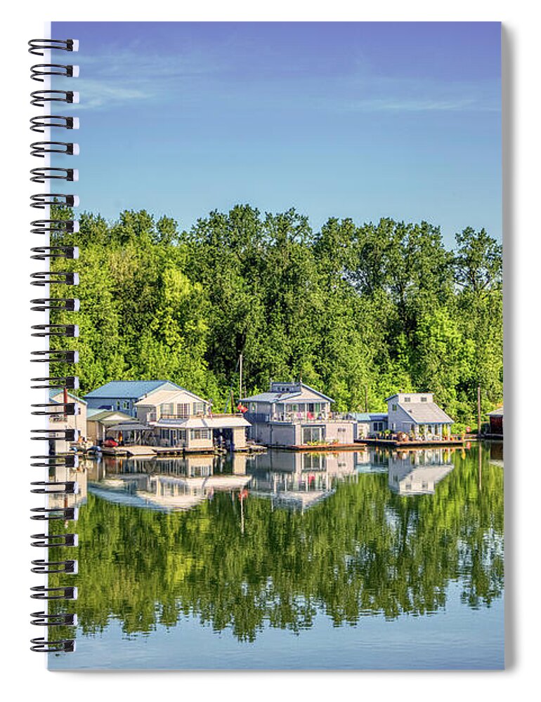 Boat Spiral Notebook featuring the photograph House boats on the channel by Loyd Towe Photography