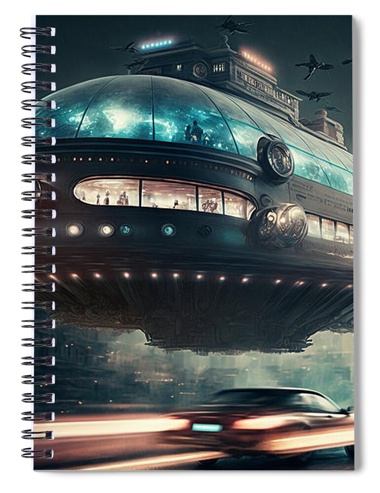 Hovering Ufo Spiral Notebook featuring the mixed media Hovering UFO VIII by Jay Schankman