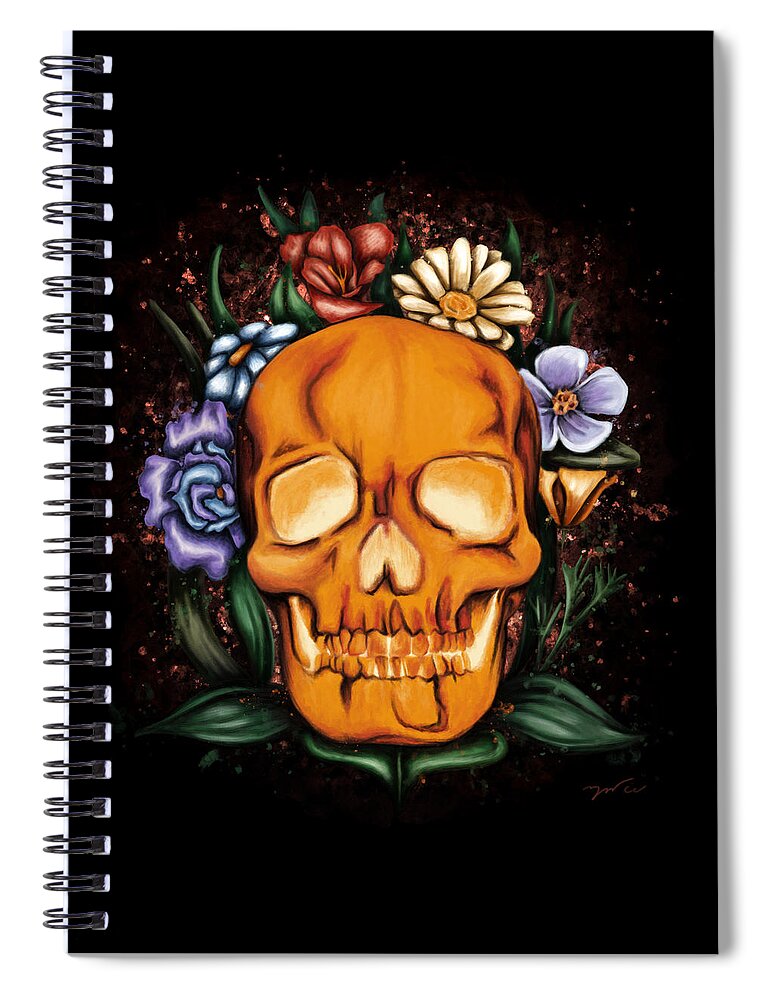 Human Skull Spiral Notebook featuring the painting Human skull painting, Skull and flowers by Nadia CHEVREL