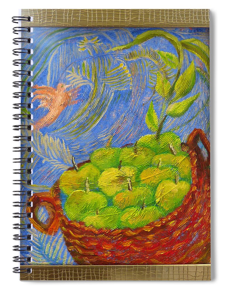 Hummingbird And A Basket With Apples Spiral Notebook featuring the painting Hummingbird and a basket with apples by Elzbieta Goszczycka