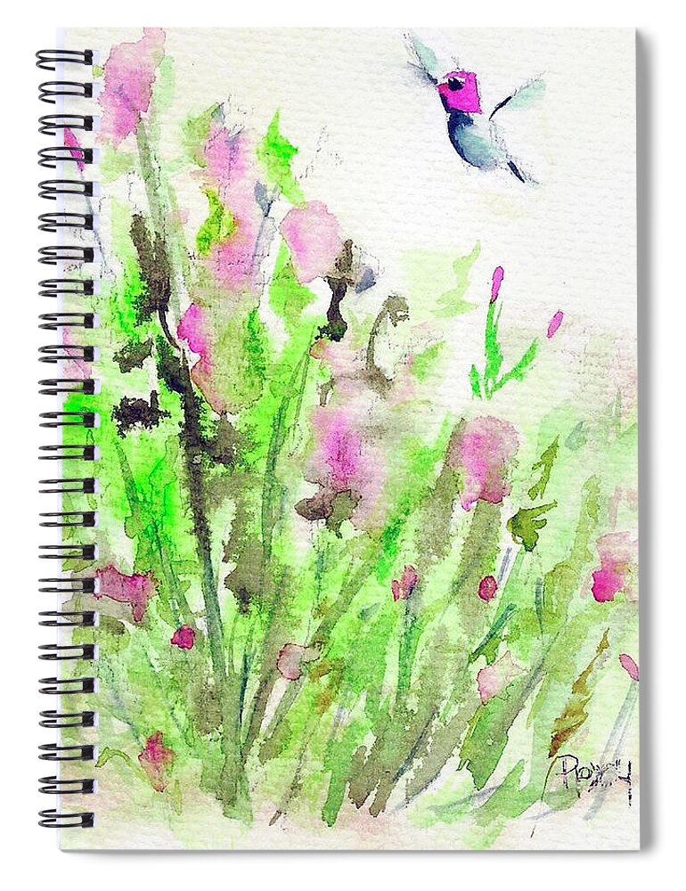 Hummingbird Spiral Notebook featuring the painting Hummingbird in the Red Salvia by Roxy Rich