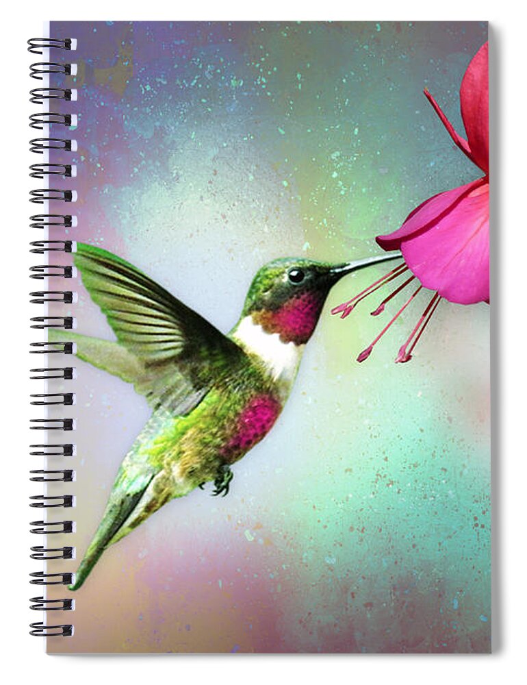 Hummingbird Spiral Notebook featuring the mixed media Hummingbird on Fuchsia by Morag Bates