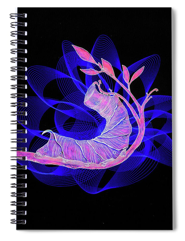 Hornworm Spiral Notebook featuring the drawing Hungry Hornworm Eating into the Night by Teresamarie Yawn