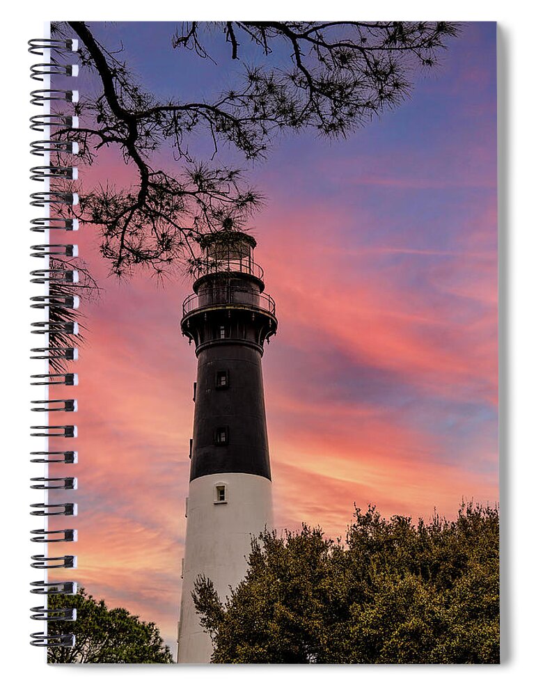America Spiral Notebook featuring the photograph Hunting Island Lighthouse at sunset by Karen Foley