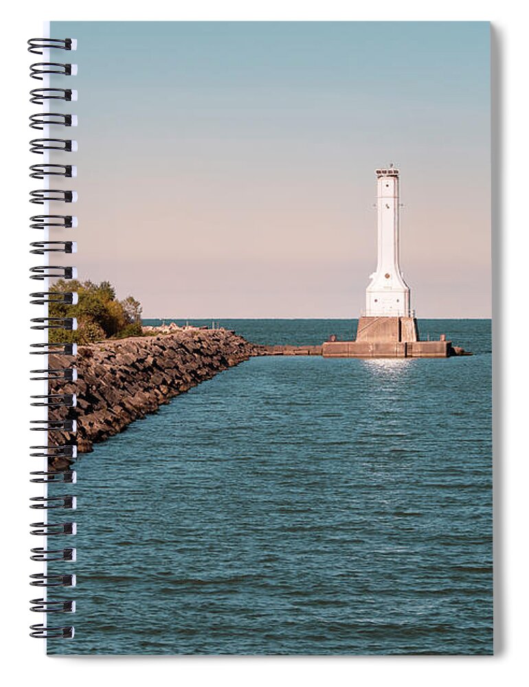 Huron Harbor Lighthouse Spiral Notebook featuring the photograph Huron Harbor Lighthouse Blue Hour by Marianne Campolongo
