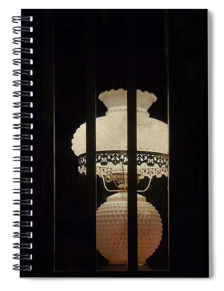 Lamp Spiral Notebook featuring the mixed media I Leave a Light On by Moira Law