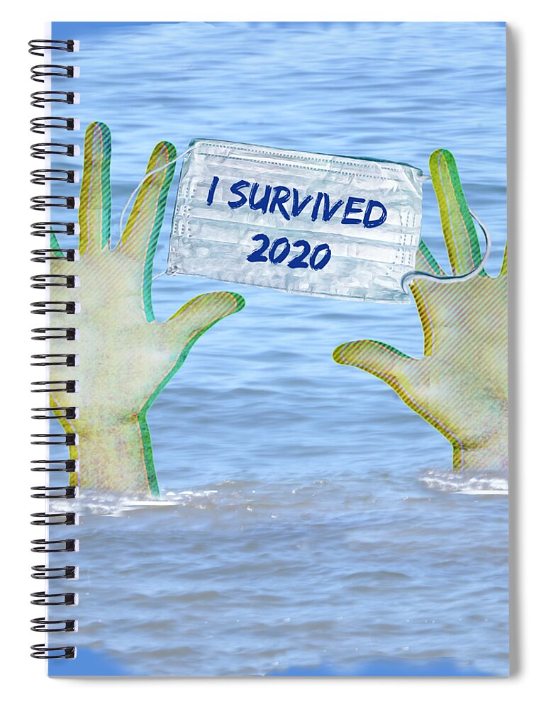 Green Spiral Notebook featuring the digital art I Survived 2020 by Gaby Ethington