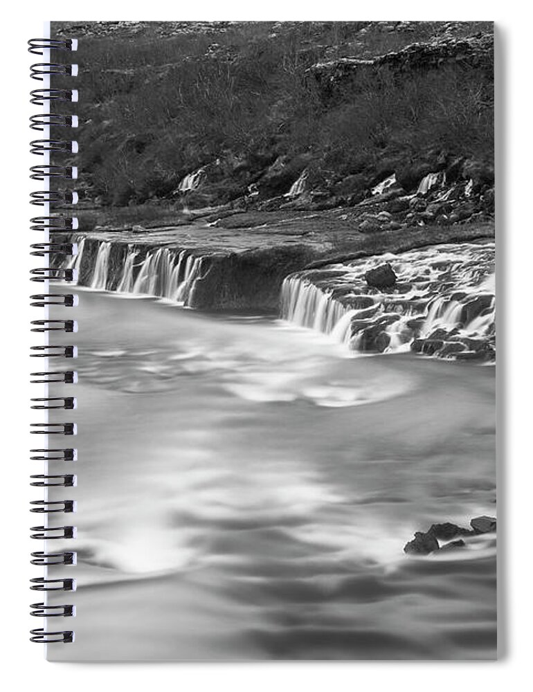 Iceland Spiral Notebook featuring the photograph Iceland Hraunfosser Waterfall Reykholt Smooth River Black and White by Toby McGuire