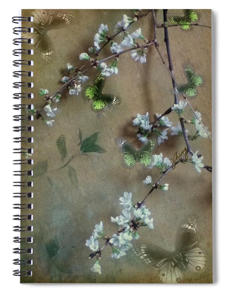 From The Woods Spiral Notebook featuring the painting Illustrated Butterflies Cherry Blossom by Judith Cheng