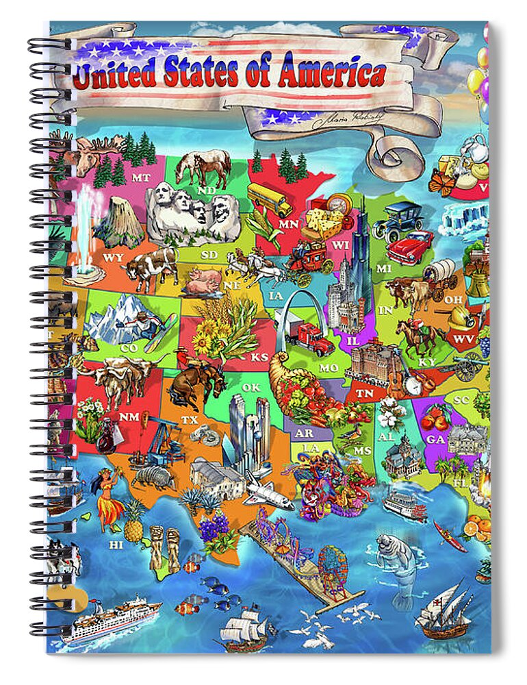 Children's Illustrated Map Of The Usa Spiral Notebook featuring the digital art Illustrated Map of the USA by Maria Rabinky