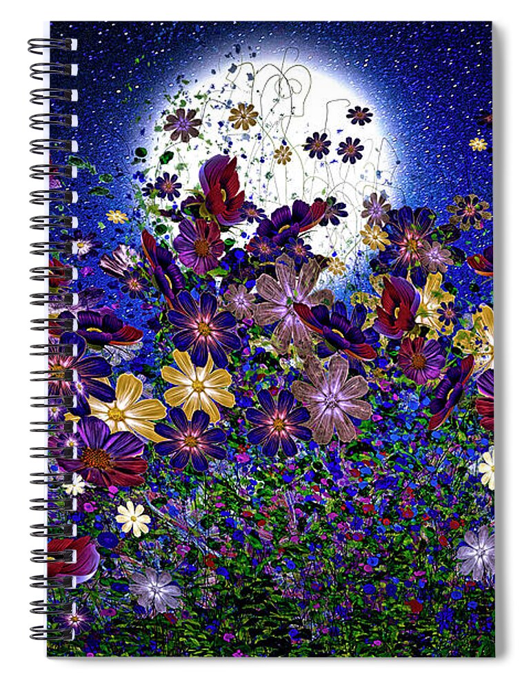 Van Gogh Stars Spiral Notebook featuring the mixed media Cosmos Flowers Bloom in a Celestial Garden by Lena Owens - OLena Art Vibrant Palette Knife and Graphic Design