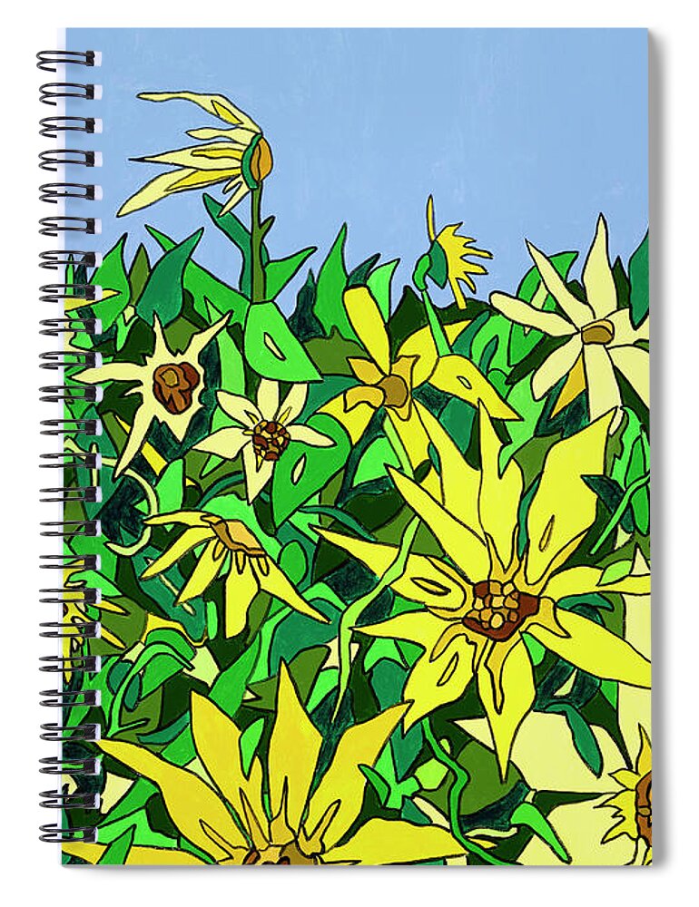 Sunflowers Long Island Summer Flowers Sun Spiral Notebook featuring the painting In Northfork Gardens by Mike Stanko