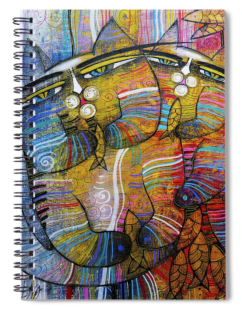 Albena Fish Cats Two Red Spiral Notebook featuring the painting In the land of flying fish by Albena Vatcheva