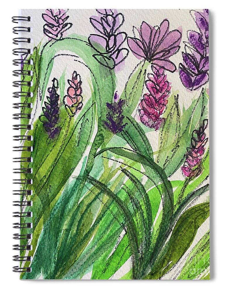 Purple Spiral Notebook featuring the mixed media Ink and Wash Flowers by Lisa Neuman