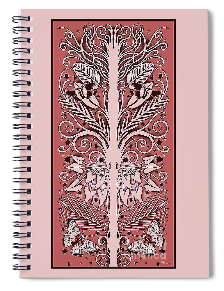 Espalier Tree Spiral Notebook featuring the mixed media Inked French Style Espalier Tree with Butterflies in Brick Red by Lise Winne