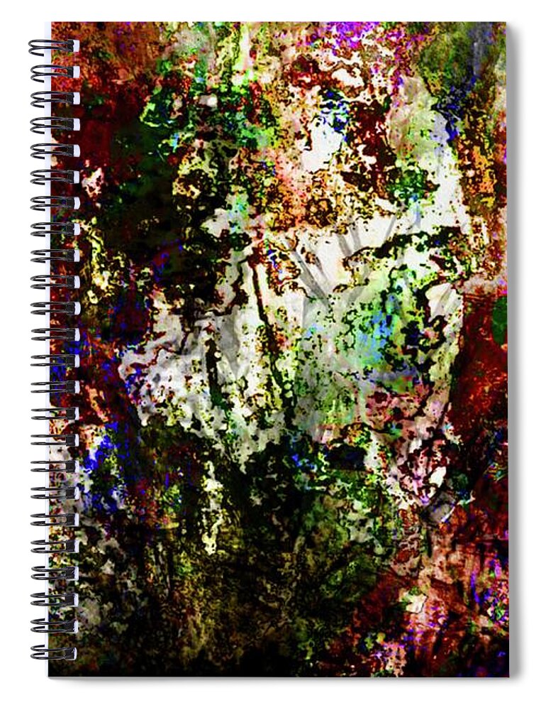 Abstract Cave Dark Purple Green Plants Brown White Orange Lavender Moss Spiral Notebook featuring the digital art Inside Dark Cave Abstract by Kathleen Boyles