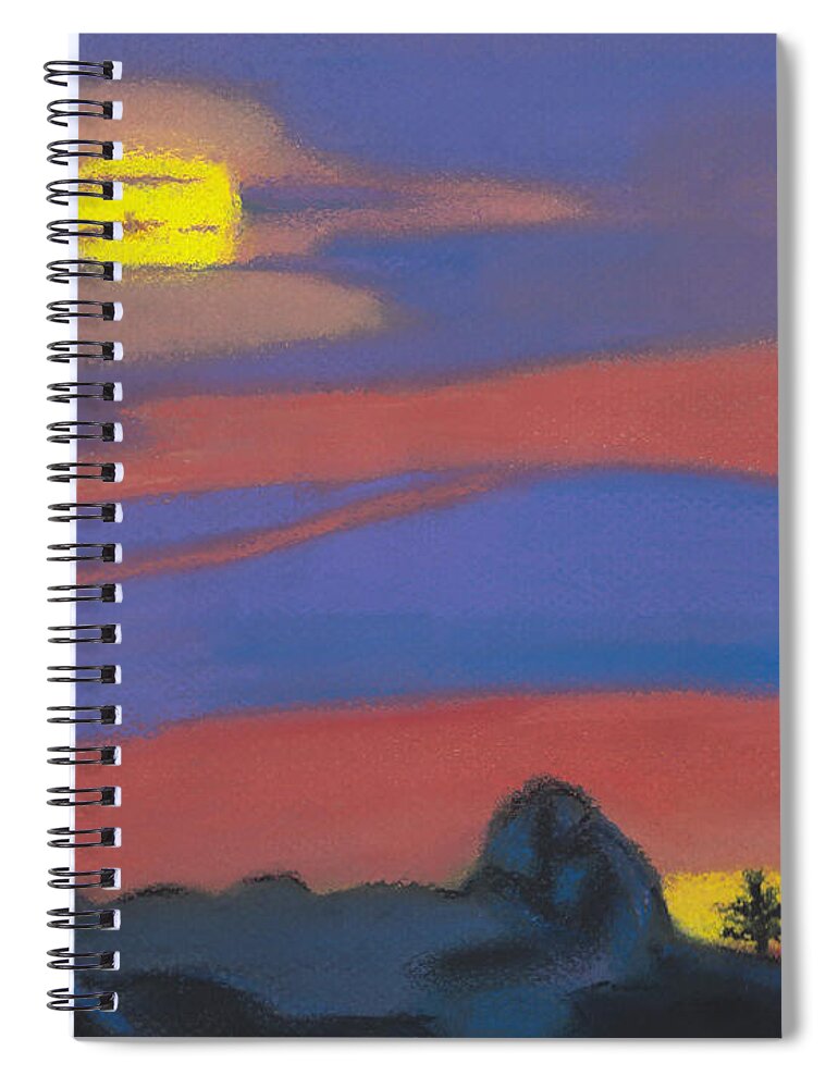 Sun Spiral Notebook featuring the pastel Iridescent Beauty Abstract Pastel Drawing of Mountains beneath a Sunset by Ali Baucom