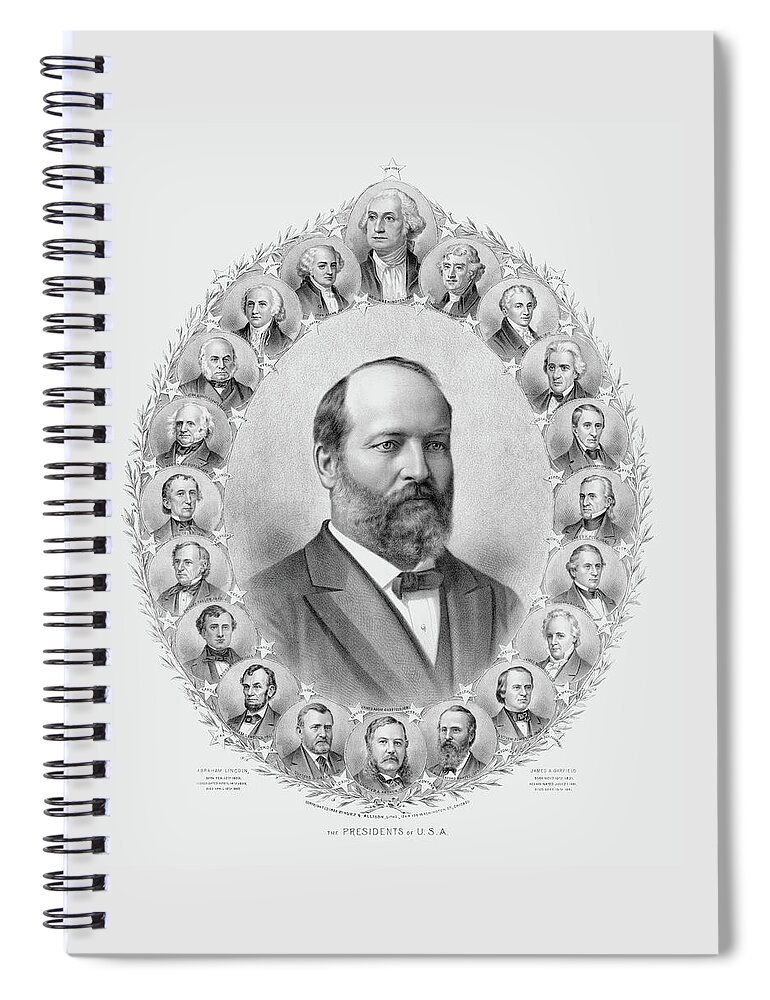 James Garfield Spiral Notebook featuring the drawing James Garfield and The Presidents of USA - Circa 1882 by War Is Hell Store