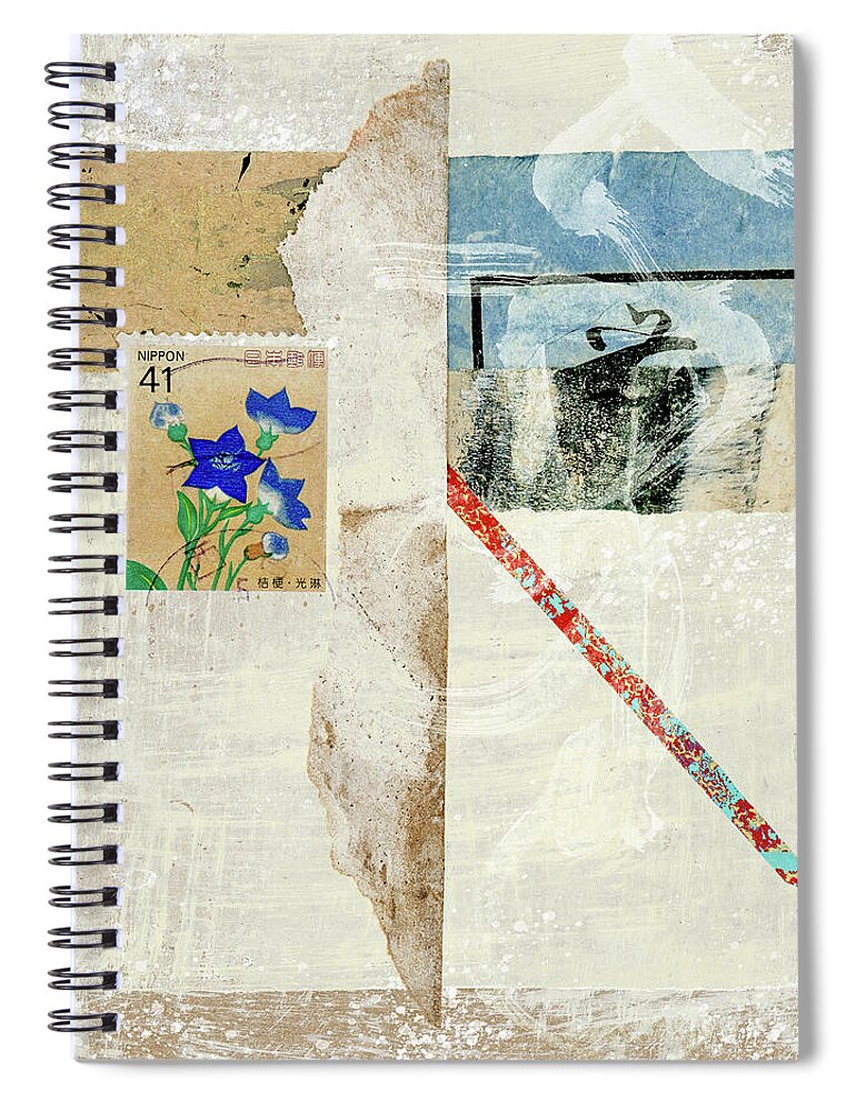 Postage Spiral Notebook featuring the mixed media Japanese Collage with Bellflower Postage Stamp by Carol Leigh