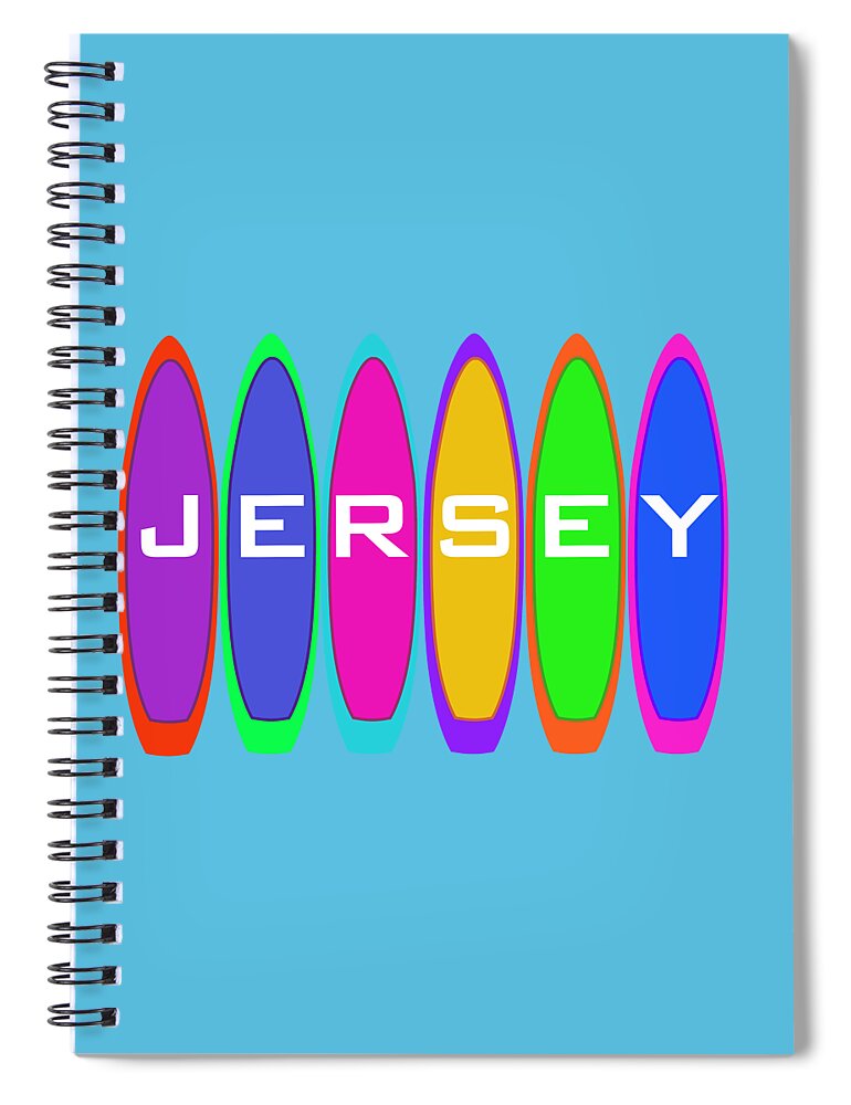 Jersey Spiral Notebook featuring the digital art Jersey Text on Surfboards by Barefoot Bodeez Art