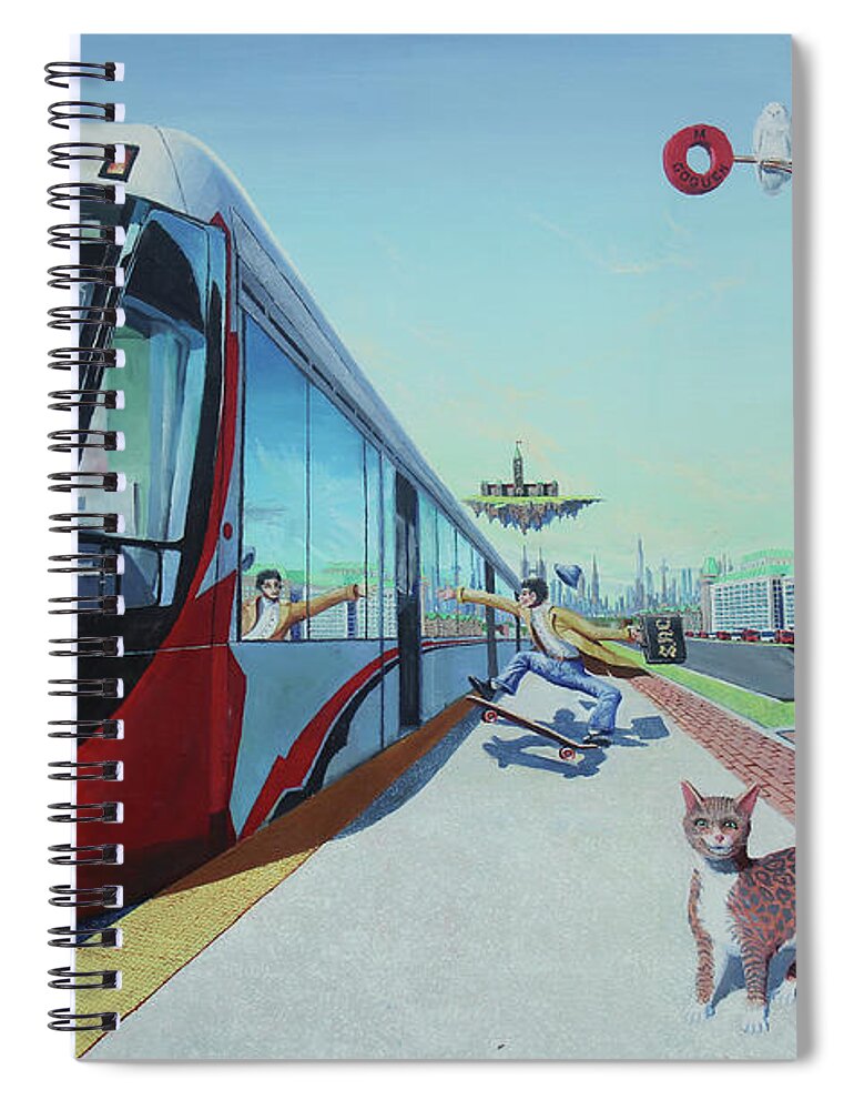 Train Spiral Notebook featuring the painting Johnny on the Monorail by Michael Goguen