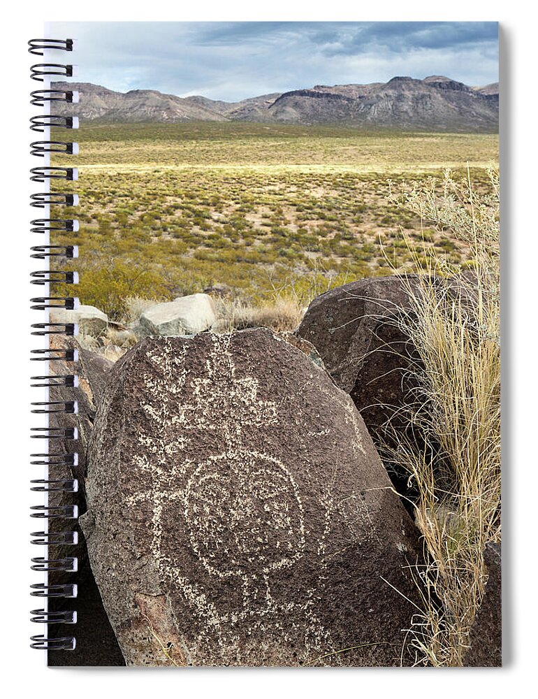 Petroglyphs Spiral Notebook featuring the photograph Jornada Anthropomorph with Cloud Terrace and Plant Stalk by Kathleen Bishop
