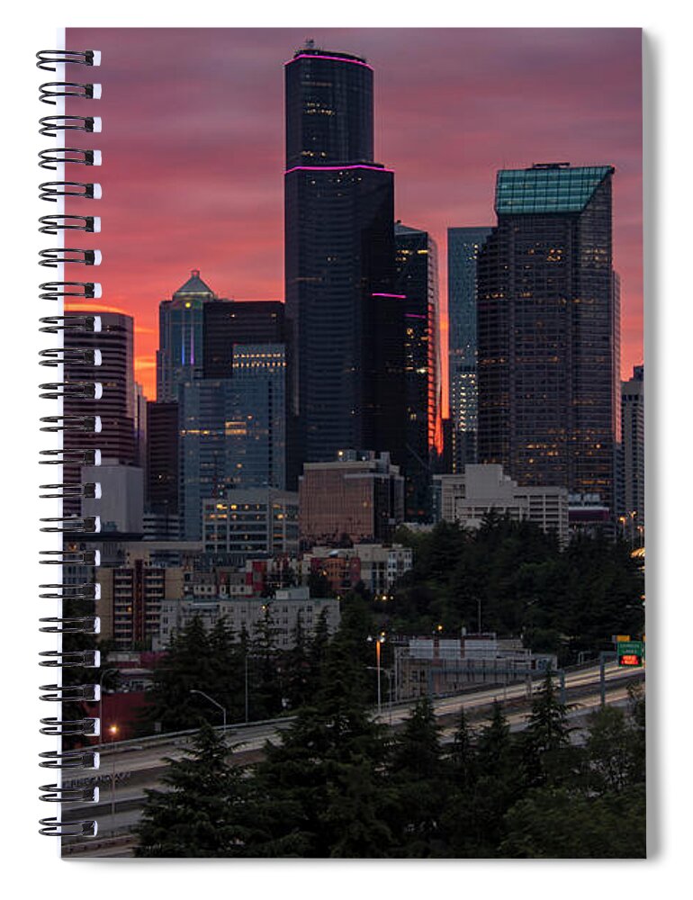 Seattle Spiral Notebook featuring the photograph Jose Rizal Bridge Cityscape Sunset by Matt McDonald