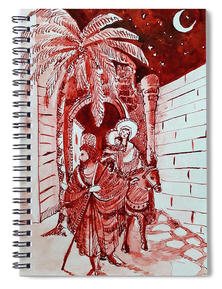 Christmas Spiral Notebook featuring the drawing At night he took the Child and his Mother and ran away... by Carolina Prieto Moreno