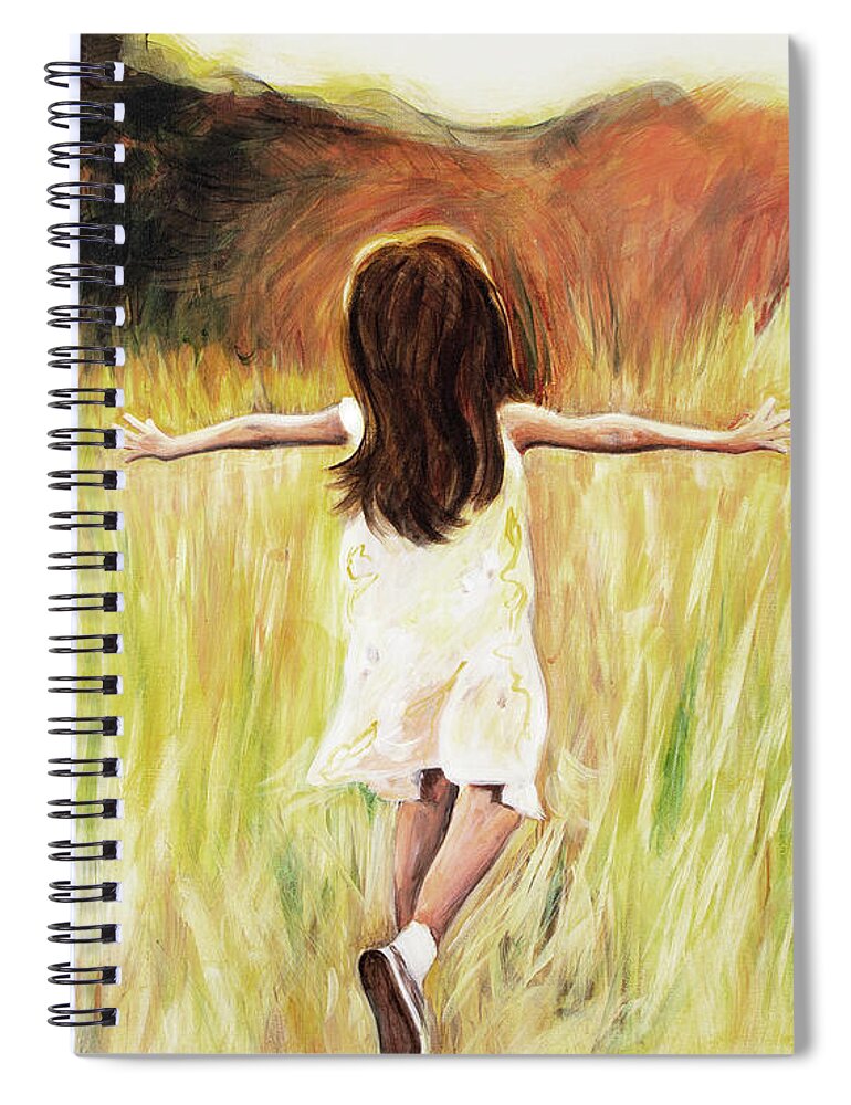 Joy Girl Running Field Sunshine Happy Joyful Peaceful Daughter Free Spiral Notebook featuring the painting Joy by Pamela Schwartz