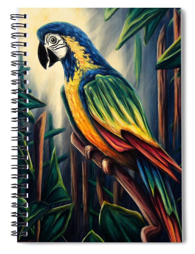 Bird Spiral Notebook featuring the painting Jungle parrot painting, colorful macaw by Nadia CHEVREL