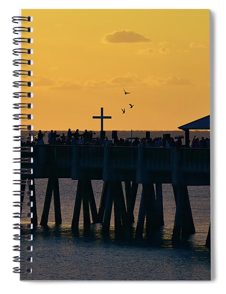 Juno Beach Pier Spiral Notebook featuring the photograph Juno Beach Pier Easter Sunset Pigeon Inflight by Kim Seng