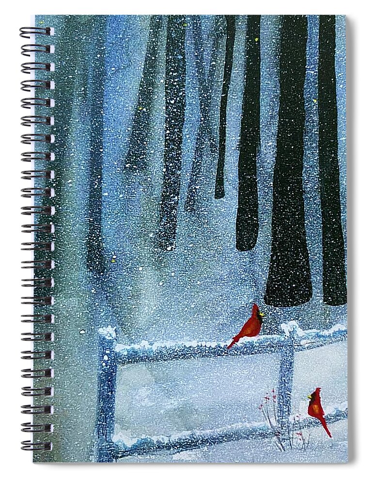Winter Spiral Notebook featuring the painting Just Us Two Red Cardinals by Kellie Chasse