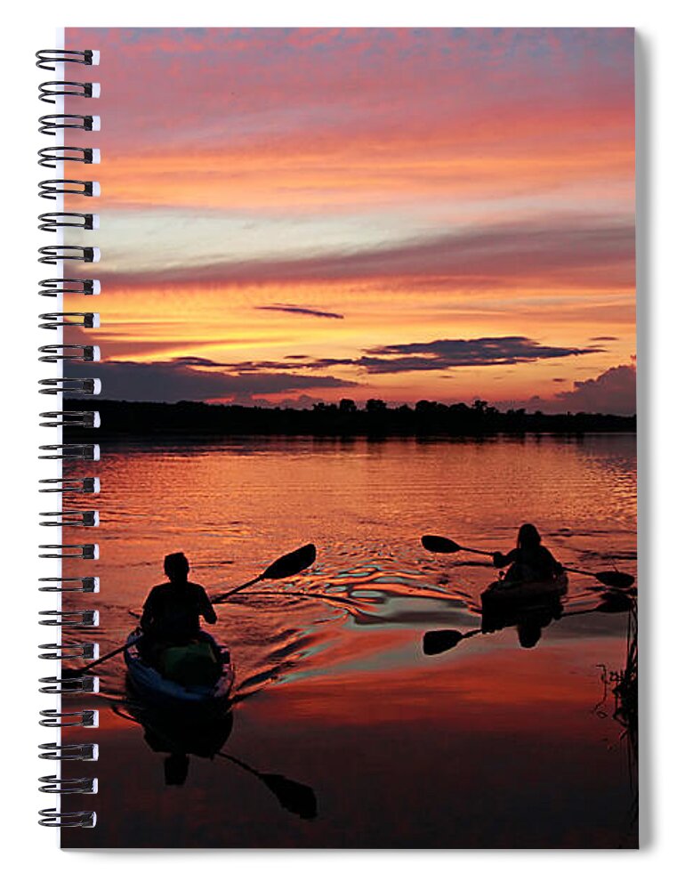 Kayaks At Beautiful Nimisila Reservoir In The City Of Green Spiral Notebook featuring the photograph Kayaks at Red Sunset by Mary Walchuck