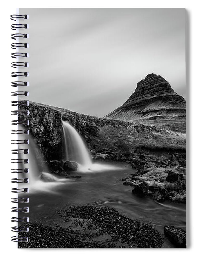 Kirkjufell Spiral Notebook featuring the photograph Kirkjufell Mountain and Kirkjufellsfoss Waterfall in Iceland in Black and White by Alexios Ntounas