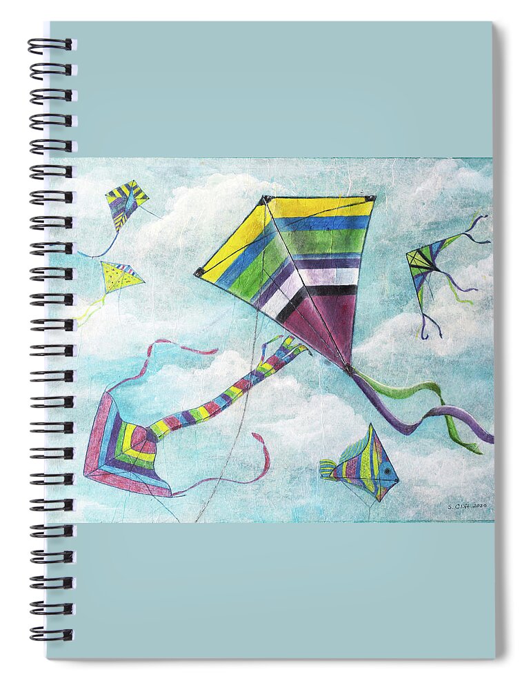 Kites Spiral Notebook featuring the mixed media Kites Galore by Sandy Clift
