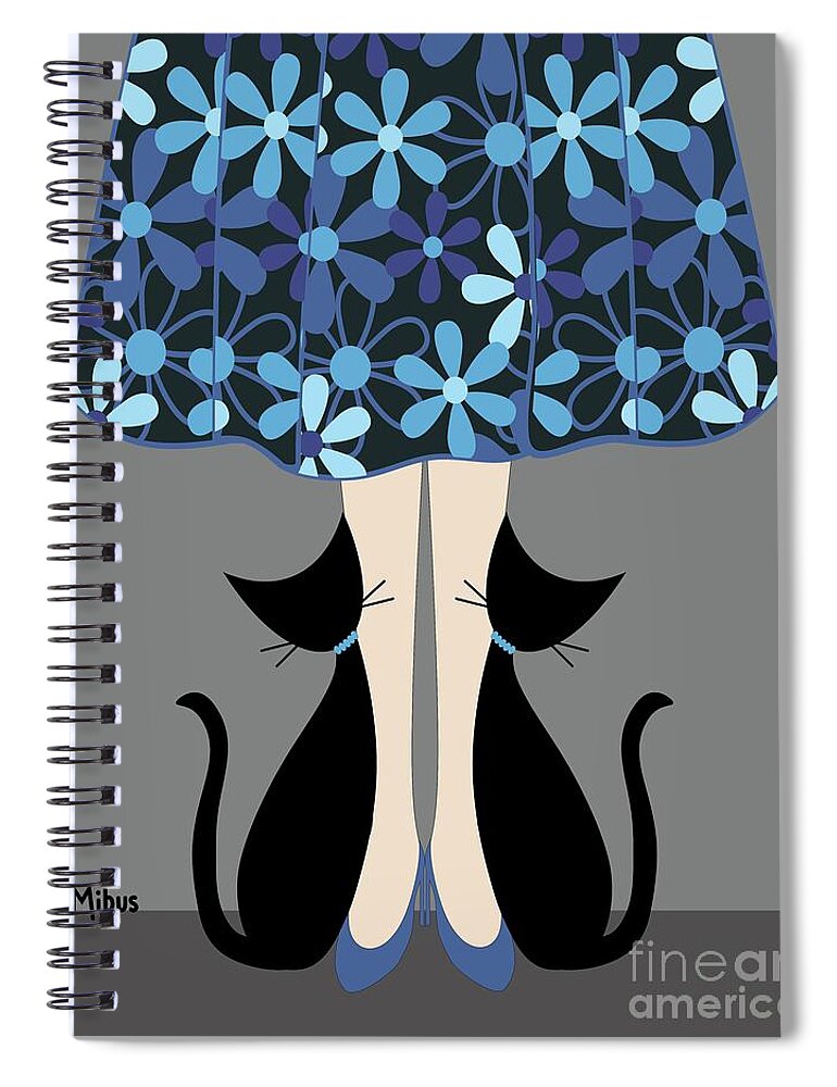 Mid Century Cat Spiral Notebook featuring the digital art Kitty Love in Blue by Donna Mibus