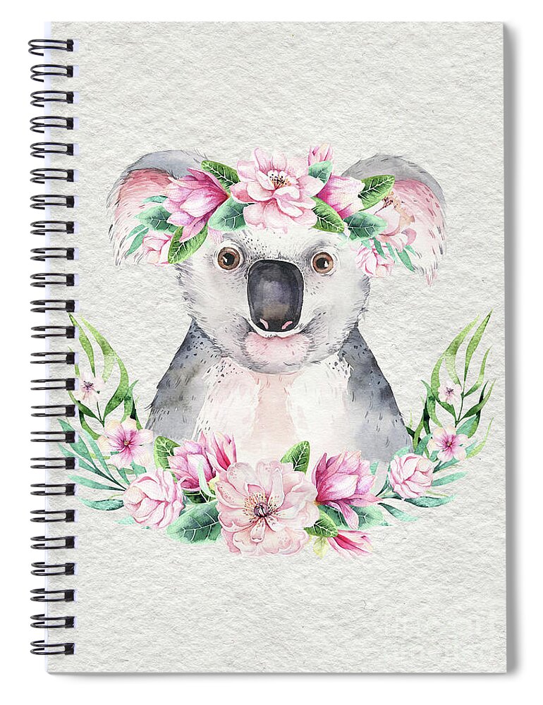 Koala Spiral Notebook featuring the painting Koala With Flowers by Nursery Art
