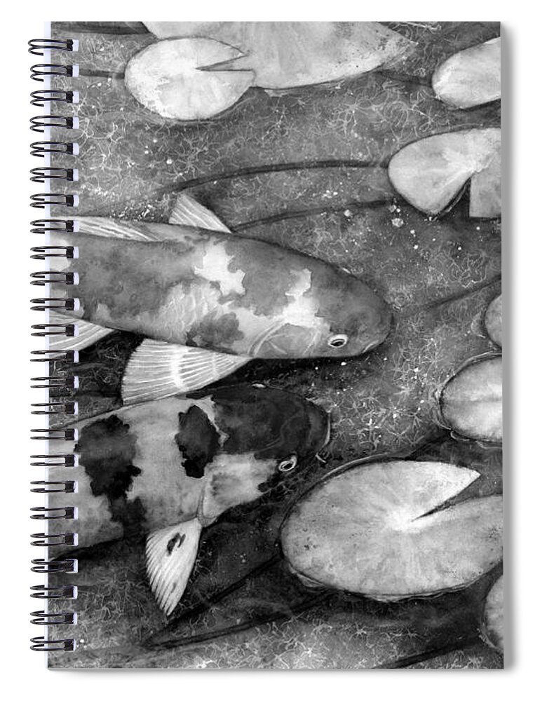 Koi Spiral Notebook featuring the painting Koi Garden in Black and White by Hailey E Herrera