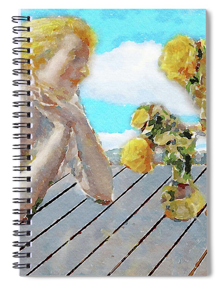 Watercolor Spiral Notebook featuring the mixed media Lady Admiring Roses by Shelli Fitzpatrick