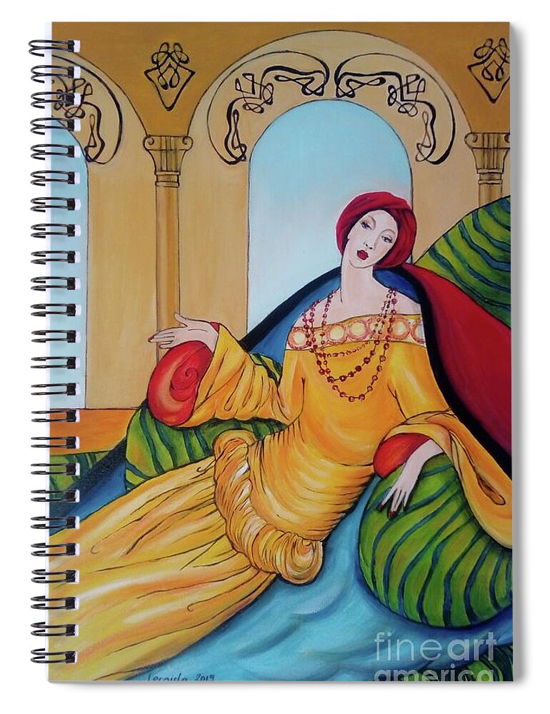 Lady Spiral Notebook featuring the painting Lady in Pillows by Leonida Arte