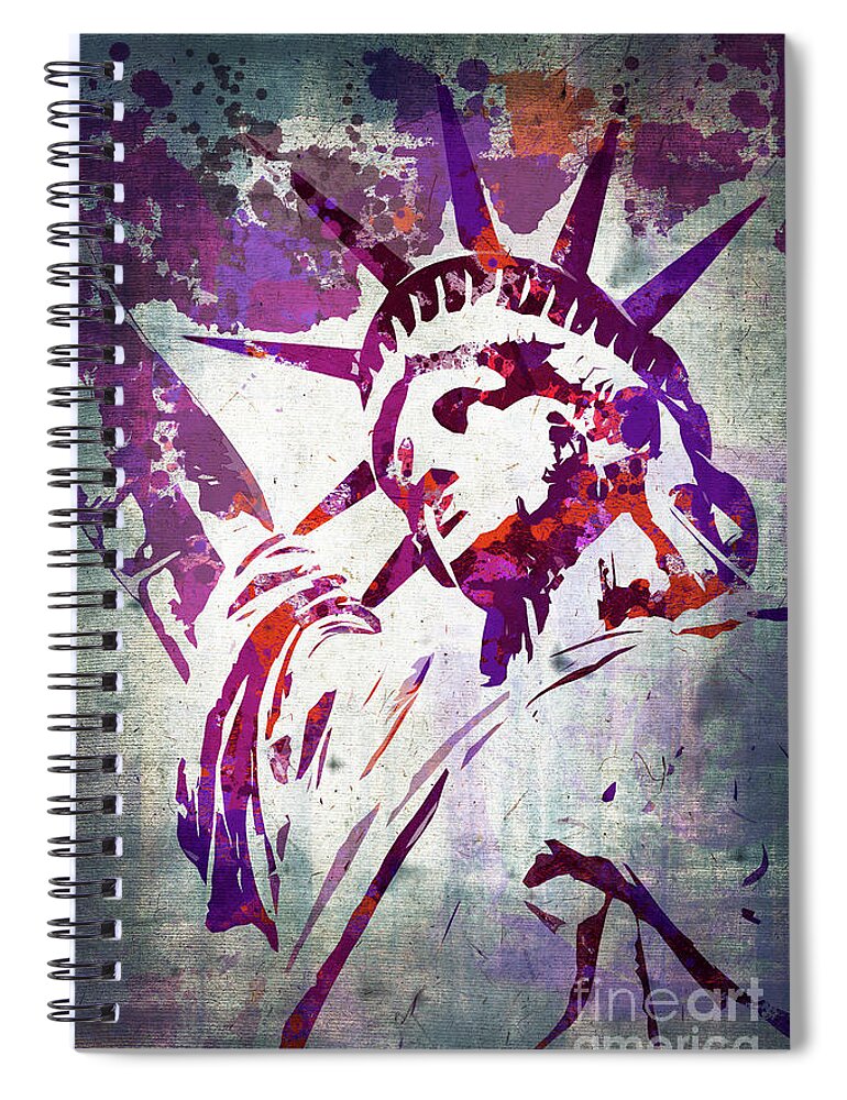 Statue Spiral Notebook featuring the painting Statue of Liberty purple watercolor by Delphimages Photo Creations