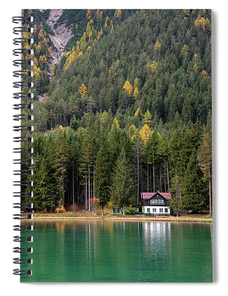 Italy Spiral Notebook featuring the photograph House in the lake and forest. Lago di dobbiaco lake. Italian aps by Michalakis Ppalis