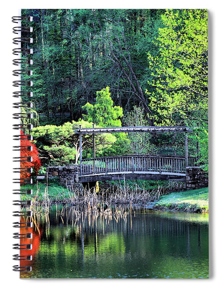 Nature Spiral Notebook featuring the photograph Lake and Footbridge, Golden Hour, Spring by Steve Ember