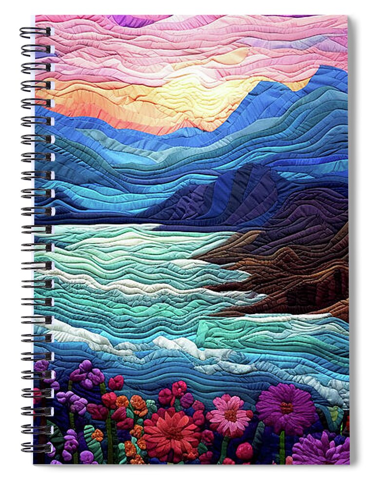Landscapes Spiral Notebook featuring the digital art Landscape at Sunset - Quilted Effect by Peggy Collins